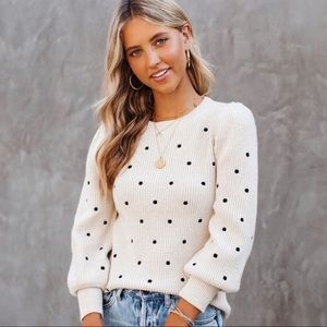 Vici Polka Dot Ivory Black Ballon Puff Sleeve Knit Fashionable Winter Sweater